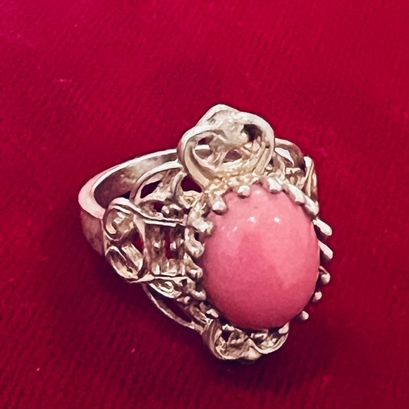 Vintage Jewelry - Rhodonite Ring Sterling Silver Wide Elongated Bold Ornate Setting